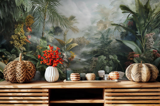 Tropical Rainforest Misty Jungle Floral Wallpaper – room setting, Golden Era Walls