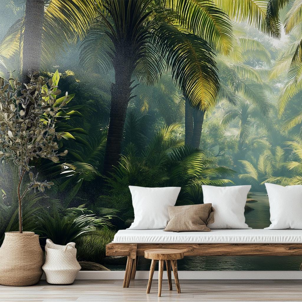 Tropical River Jungle or Floral Wallpaper – room setting, Golden Era Walls