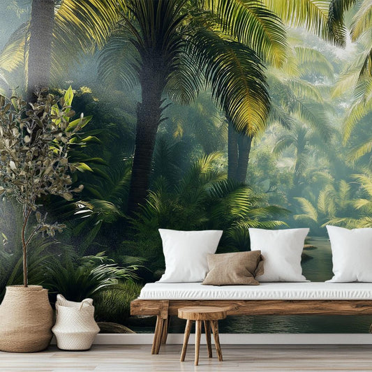 Tropical River Jungle or Floral Wallpaper – room setting, Golden Era Walls