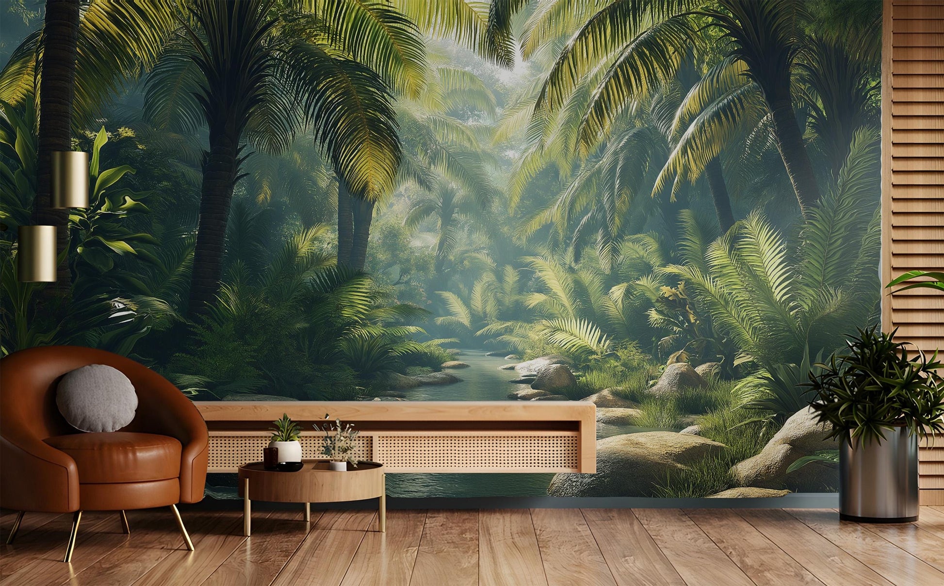 Tropical River Jungle or Floral Wallpaper – peel and stick wallpaper mural, Golden Era Walls