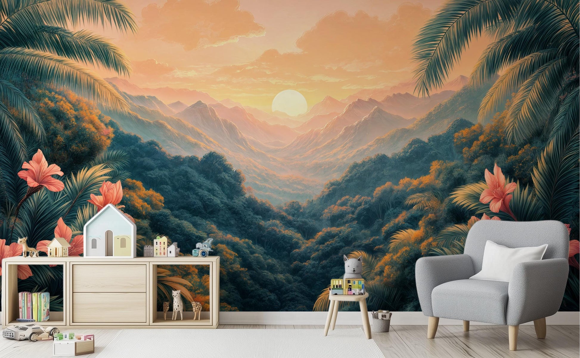 Tropical Sunset Jungle Mountain Tropical Wallpaper – room setting, Golden Era Walls