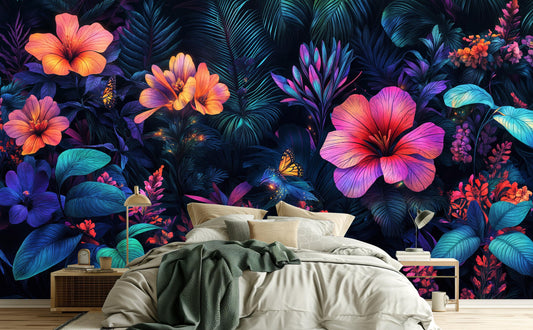 Vibrant Neon Jungle Psychedelic Floral Wallpaper – lifestyle view, Golden Era Walls