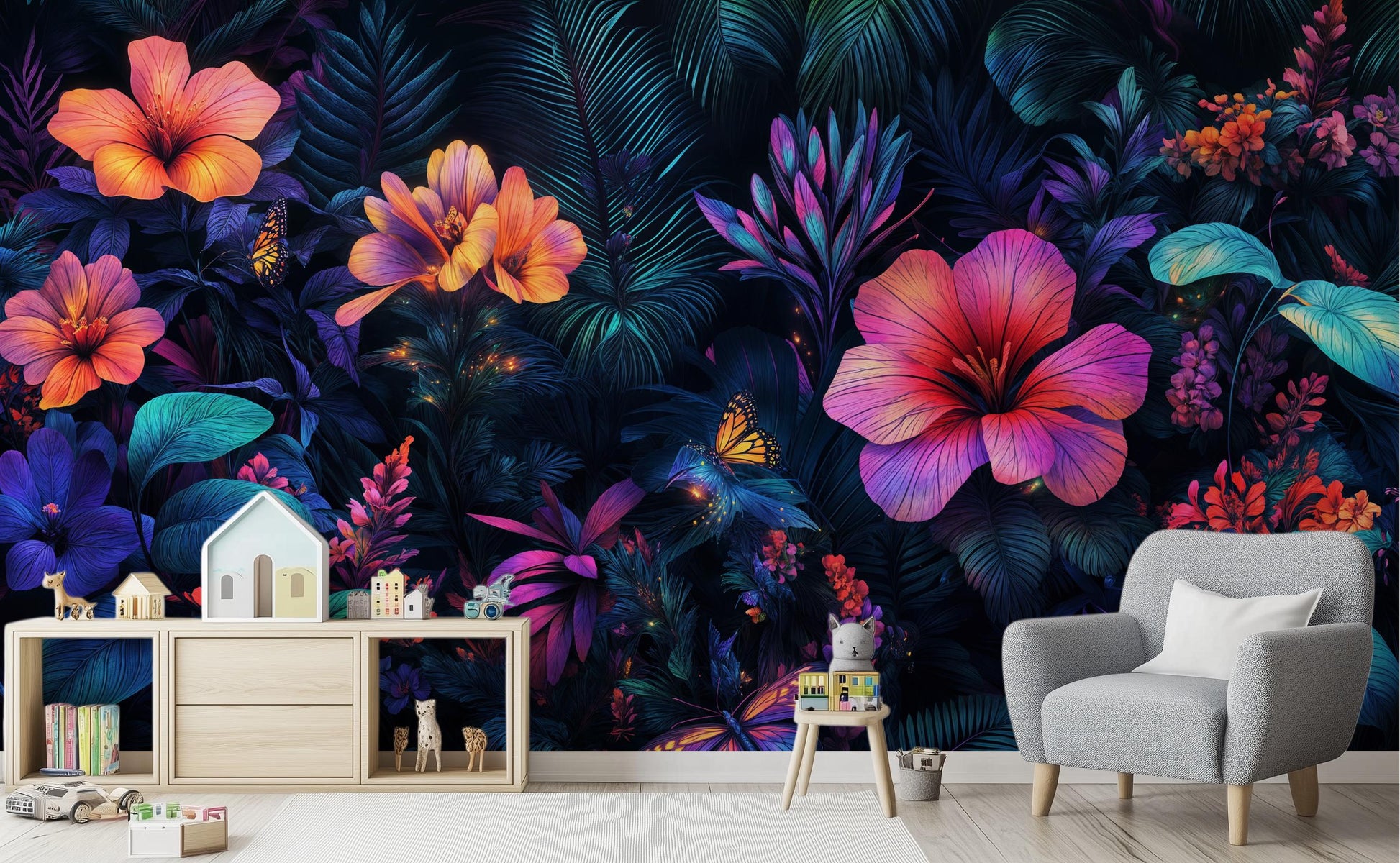 Vibrant Neon Jungle Psychedelic Floral Wallpaper – scale reference, Golden Era Walls
