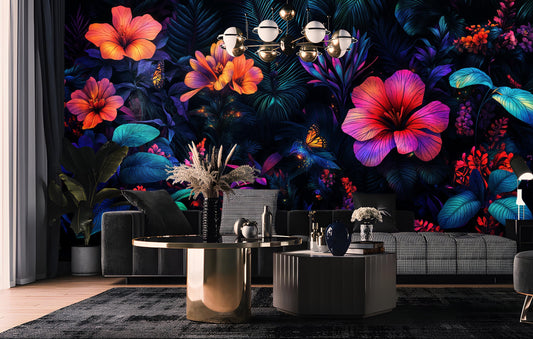 Vibrant Neon Jungle Psychedelic Floral Wallpaper – peel and stick wallpaper mural, Golden Era Walls