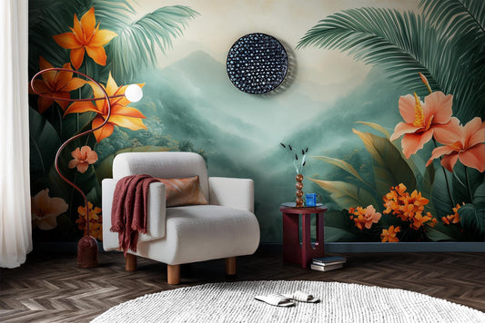 Vibrant Tropical Bloom Exotic Floral Wallpaper – detail view, Golden Era Walls