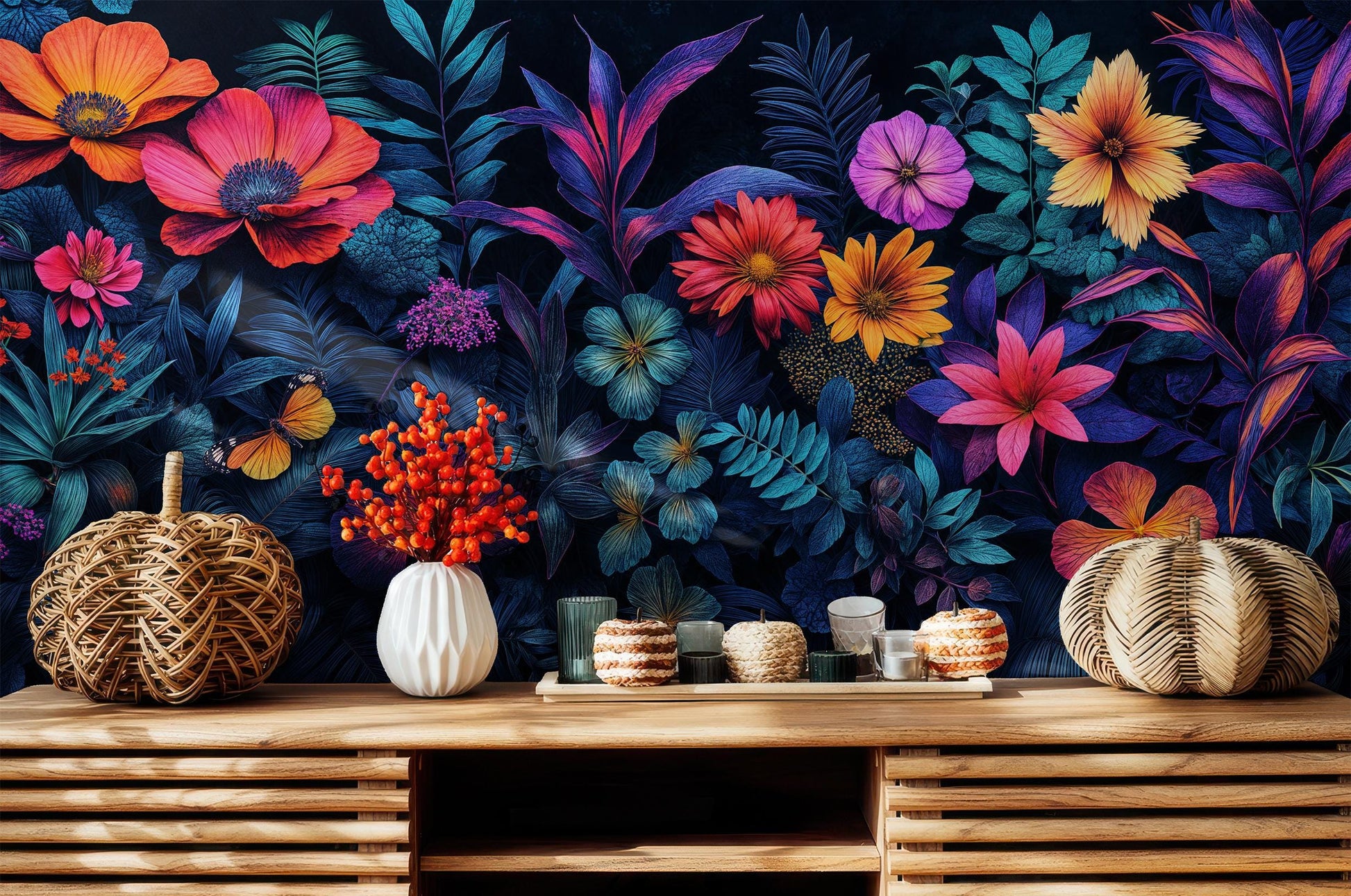 Vibrant Tropical Floral Bold Floral Wallpaper – lifestyle view, Golden Era Walls