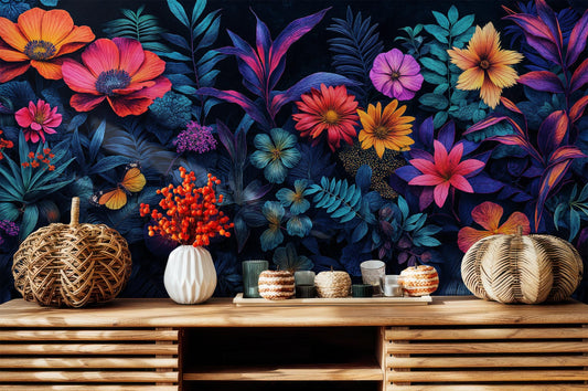 Vibrant Tropical Floral Bold Floral Wallpaper – lifestyle view, Golden Era Walls