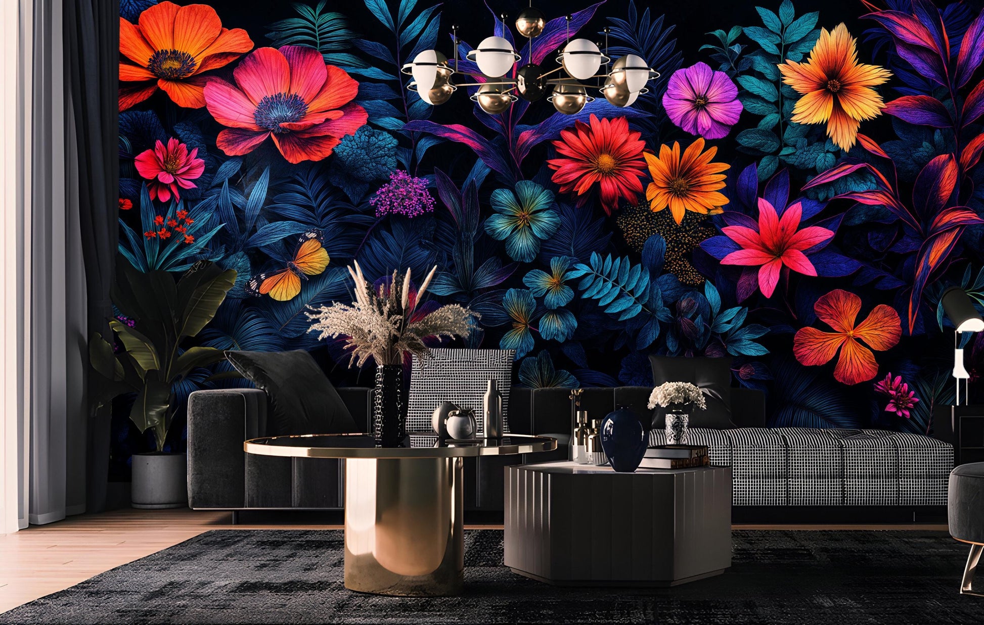 Vibrant Tropical Floral Bold Floral Wallpaper – peel and stick wallpaper mural, Golden Era Walls
