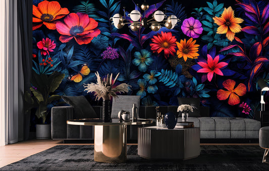 Vibrant Tropical Floral Bold Floral Wallpaper – peel and stick wallpaper mural, Golden Era Walls