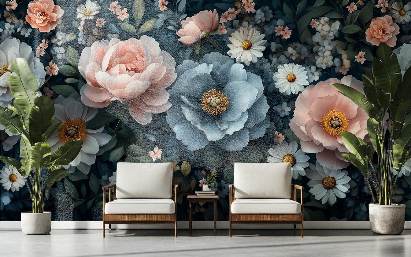Vintage Botanical Elegant Dark Floral Wallpaper – peel and stick wallpaper mural, Golden Era Walls