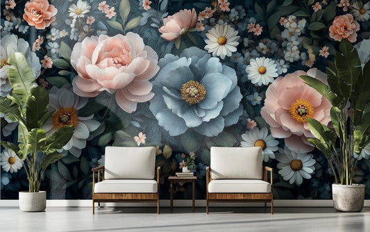Vintage Botanical Elegant Dark Floral Wallpaper – peel and stick wallpaper mural, Golden Era Walls