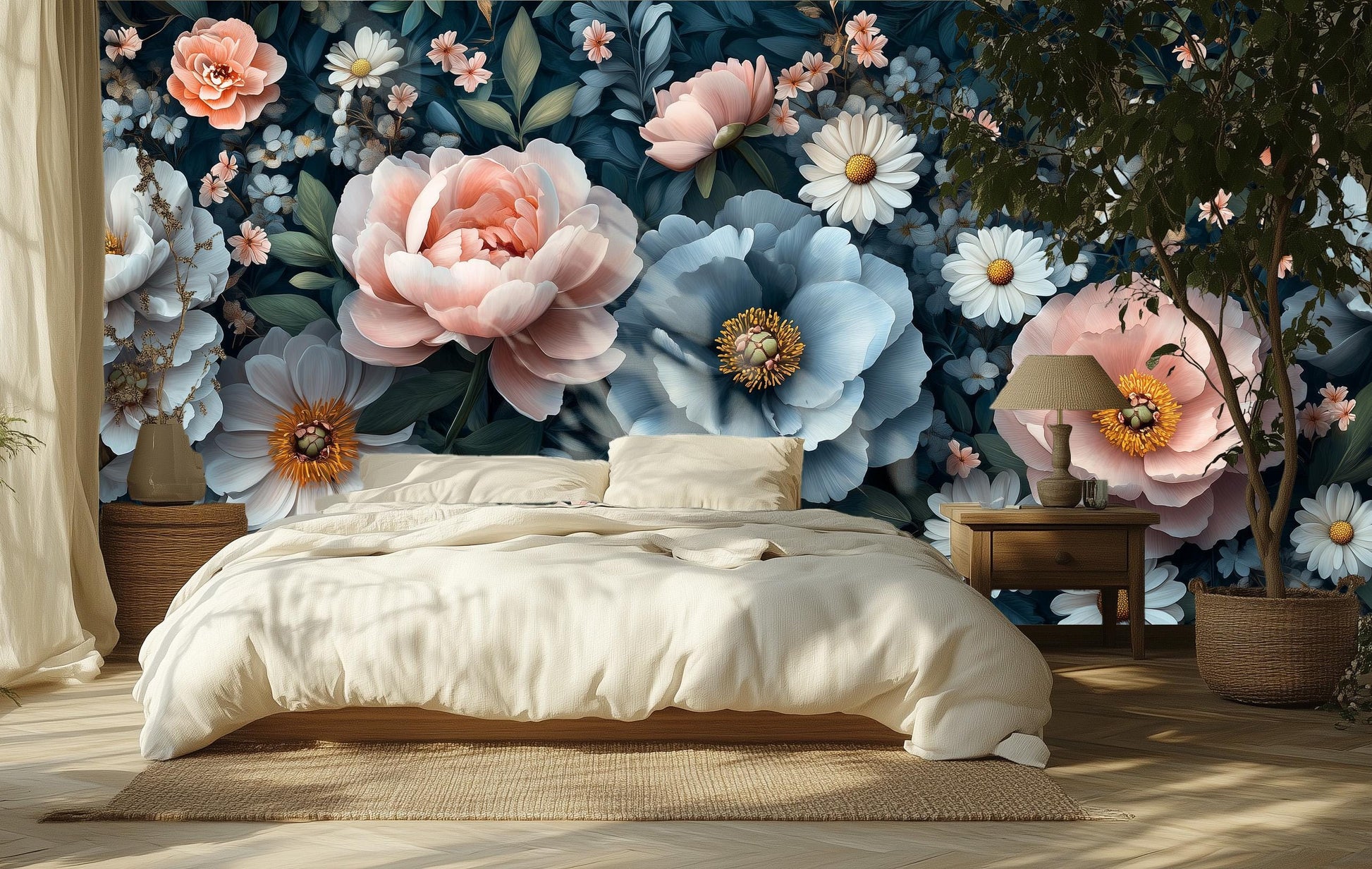 Vintage Botanical Elegant Dark Floral Wallpaper – scale reference, Golden Era Walls