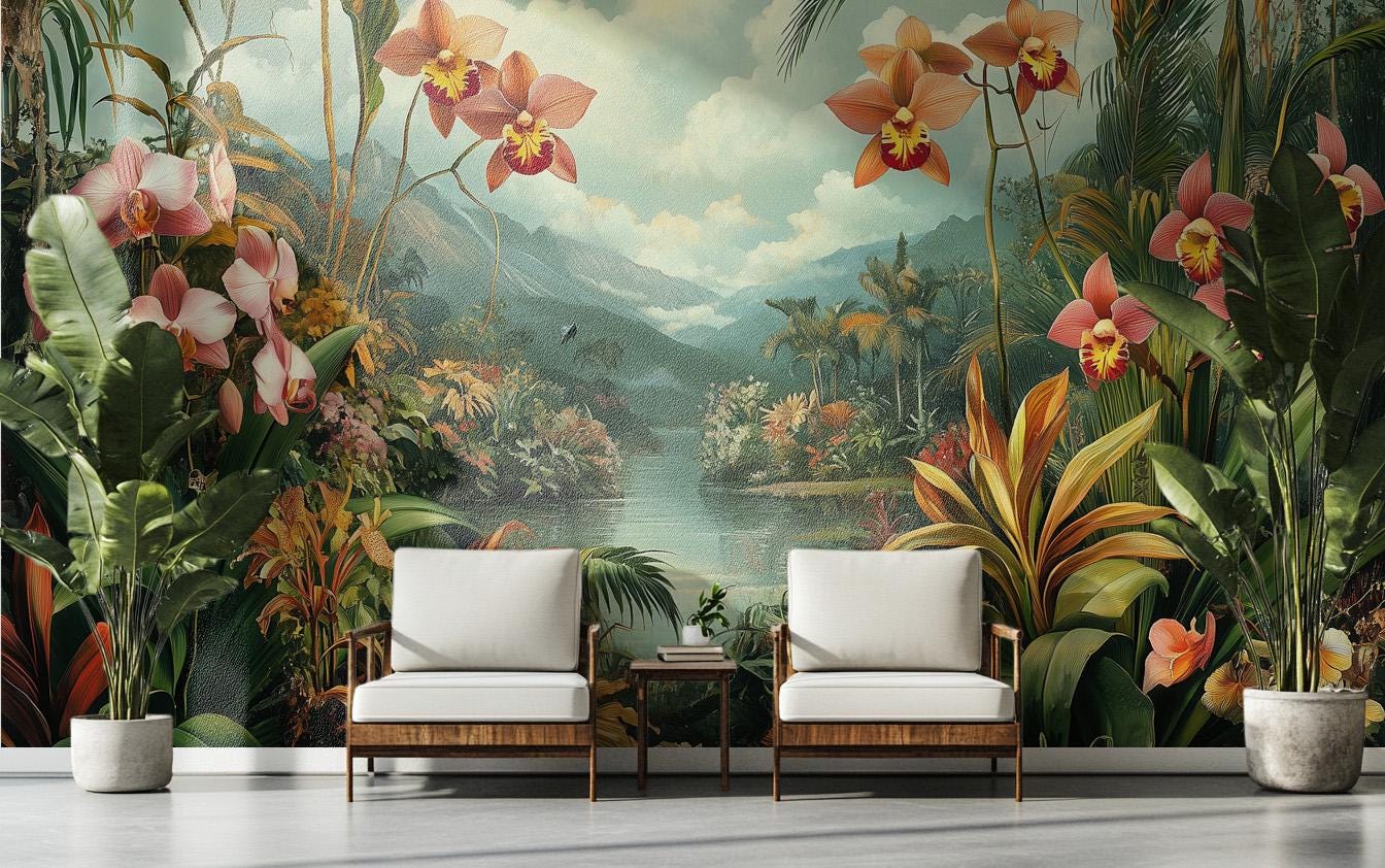 Vintage Orchid Jungle Exotic Floral Wallpaper – peel and stick wallpaper mural, Golden Era Walls