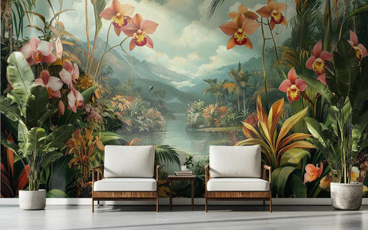 Vintage Orchid Jungle Exotic Floral Wallpaper – peel and stick wallpaper mural, Golden Era Walls