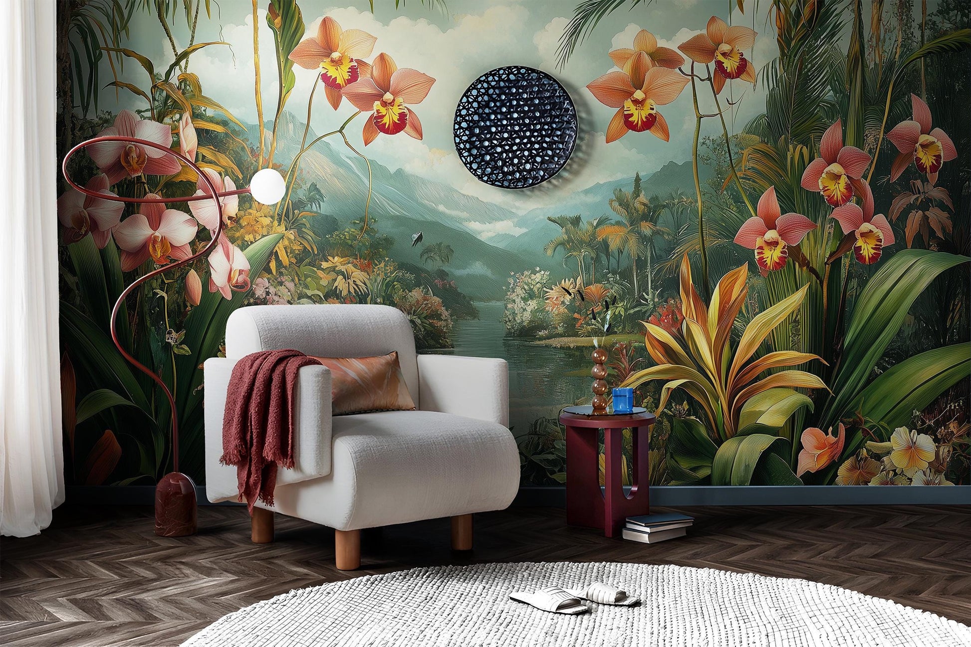Vintage Orchid Jungle Exotic Floral Wallpaper – detail view, Golden Era Walls
