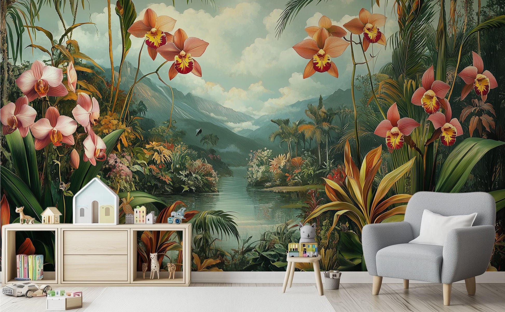 Vintage Orchid Jungle Exotic Floral Wallpaper – room setting, Golden Era Walls