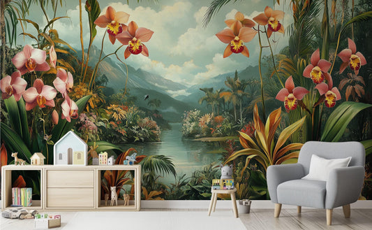 Vintage Orchid Jungle Exotic Floral Wallpaper – room setting, Golden Era Walls