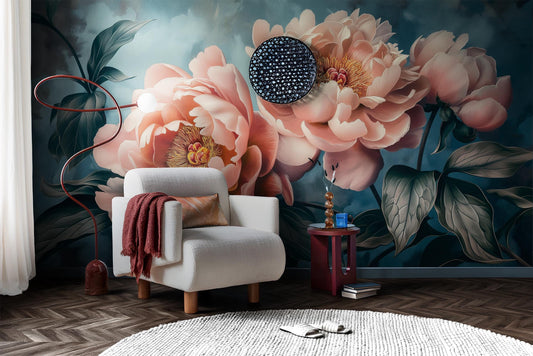 Vintage Peony Floral Elegant Floral Wallpaper – lifestyle view, Golden Era Walls