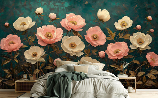 Vintage Peony Hand Painted Floral Wallpaper – room setting, Golden Era Walls