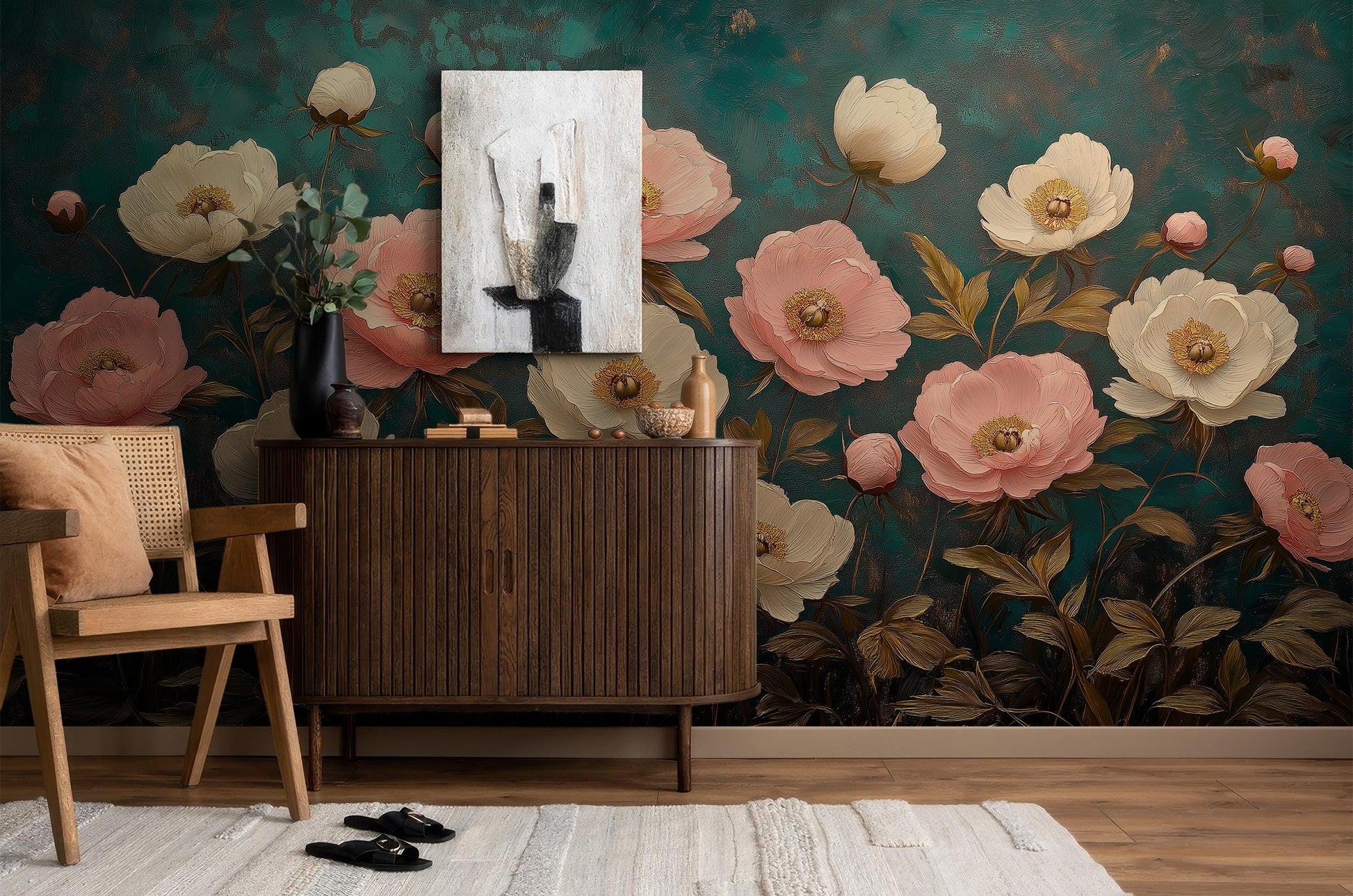 Vintage Peony Hand Painted Floral Wallpaper – detail view, Golden Era Walls