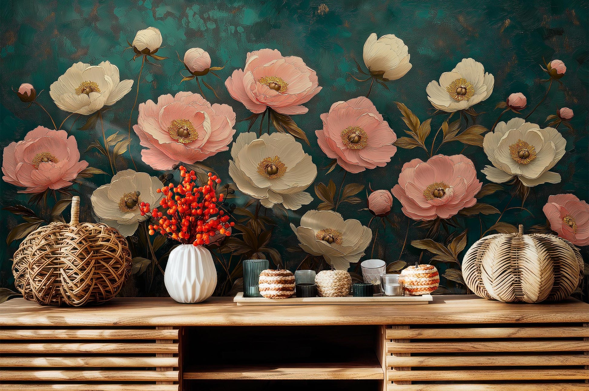 Vintage Peony Hand Painted Floral Wallpaper – lifestyle view, Golden Era Walls