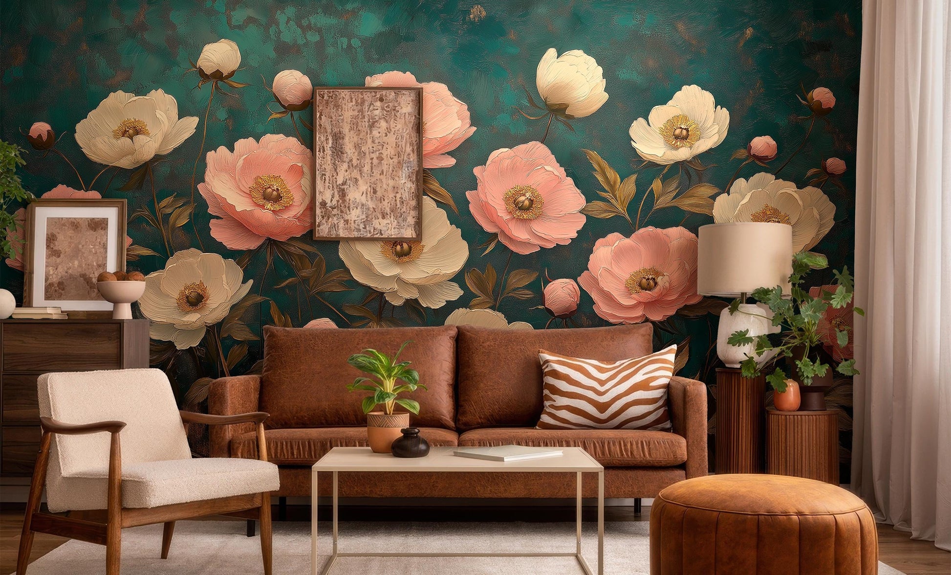 Vintage Peony Hand Painted Floral Wallpaper – scale reference, Golden Era Walls