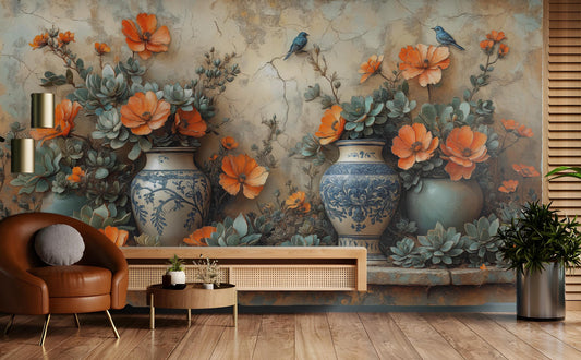 Vintage Vase Mediterranean Floral Floral Wallpaper – peel and stick wallpaper mural, Golden Era Walls