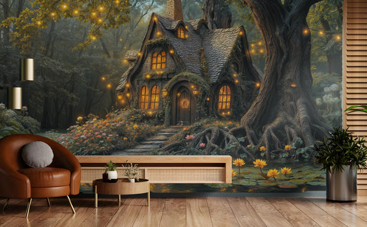 Whimsical Fairytale Magical Woodland Floral Wallpaper – lifestyle view, Golden Era Walls