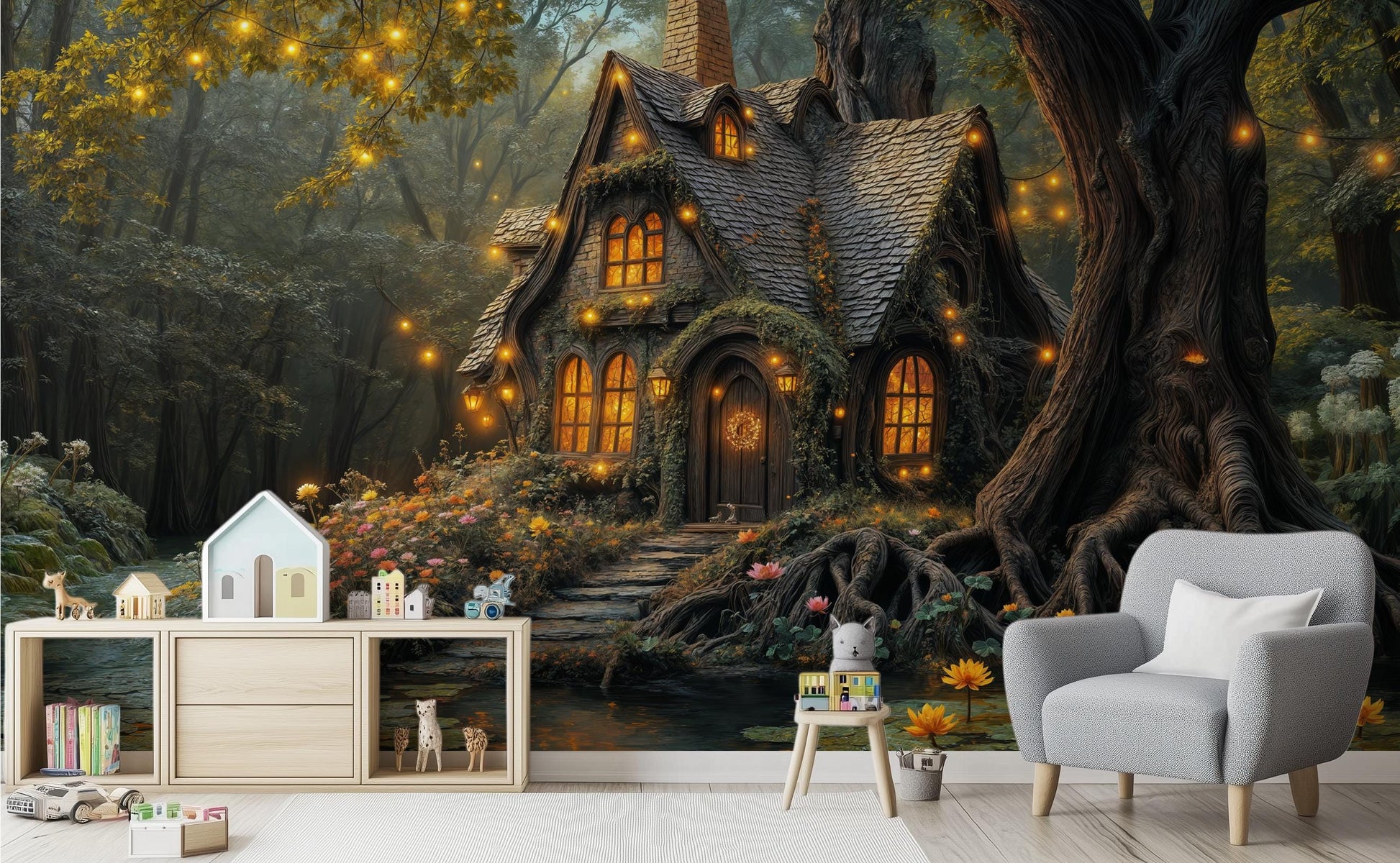 Whimsical Fairytale Magical Woodland Floral Wallpaper – peel and stick wallpaper mural, Golden Era Walls