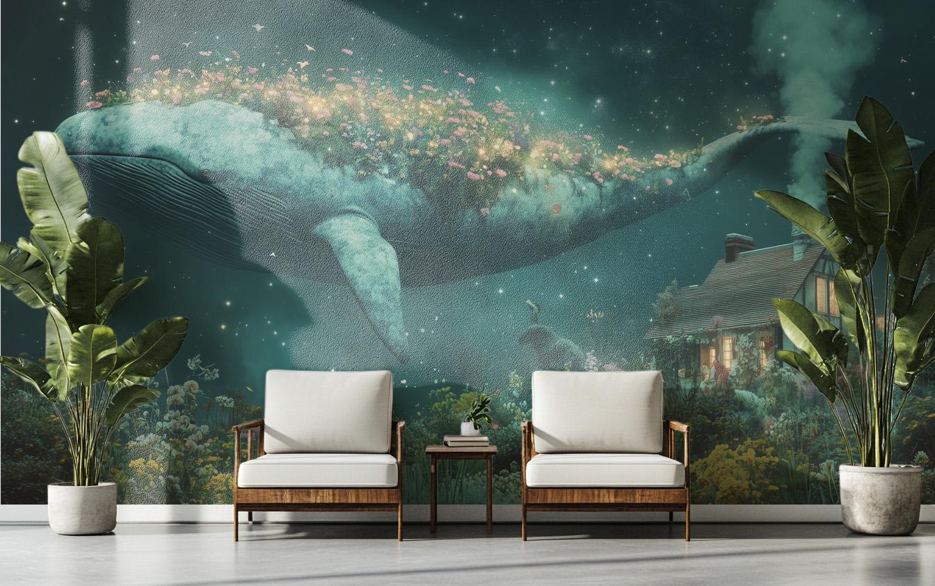 Whimsical Night Sky Floating Floral Wallpaper – scale reference, Golden Era Walls