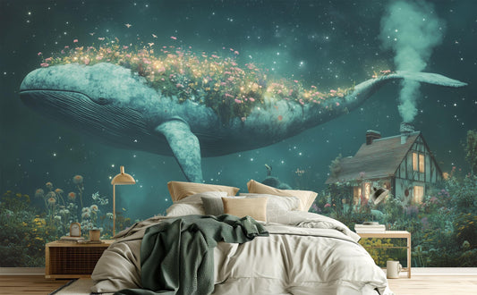 Whimsical Night Sky Floating Floral Wallpaper – lifestyle view, Golden Era Walls