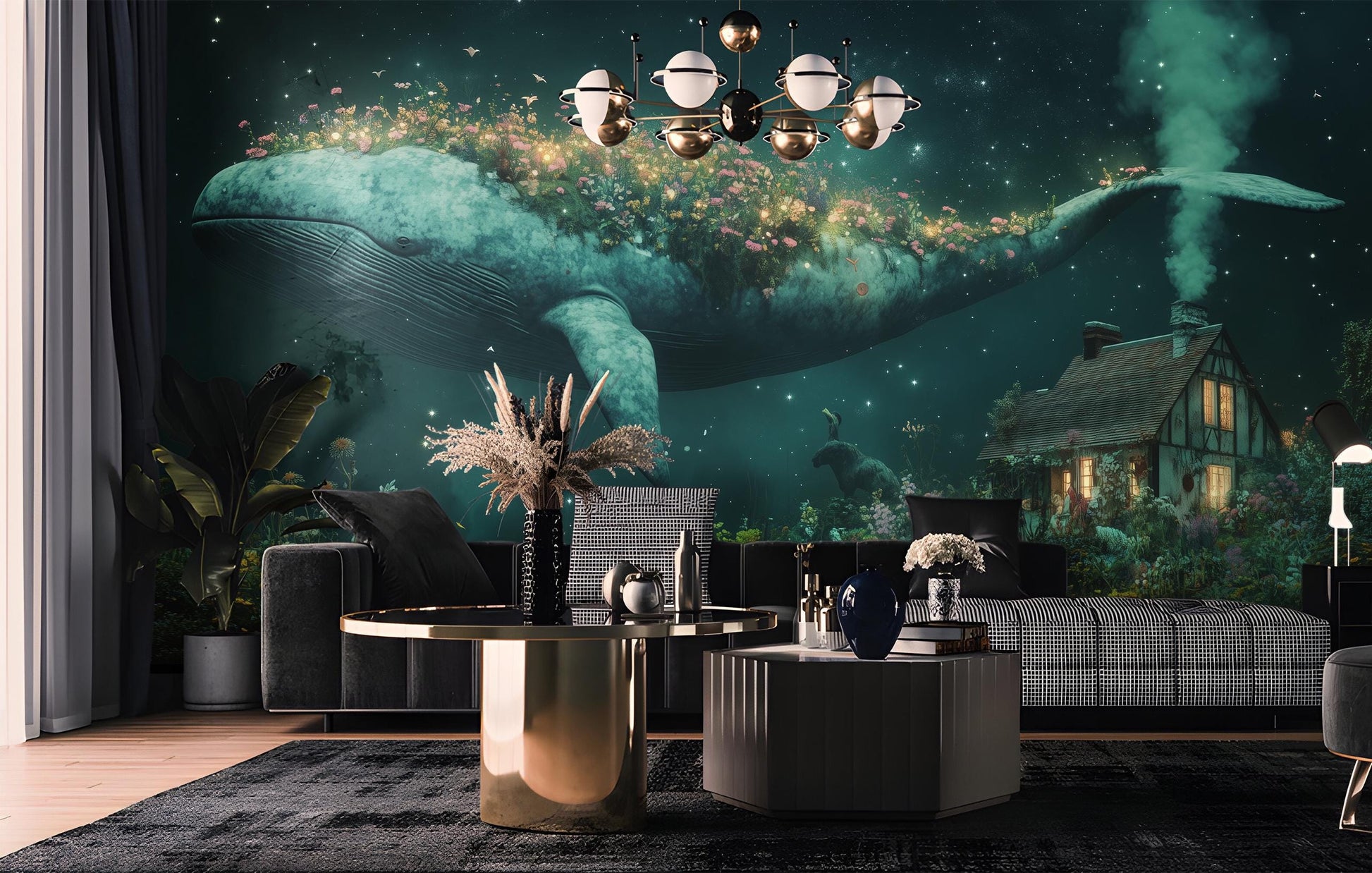 Whimsical Night Sky Floating Floral Wallpaper – room setting, Golden Era Walls