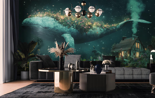 Whimsical Night Sky Floating Floral Wallpaper – room setting, Golden Era Walls