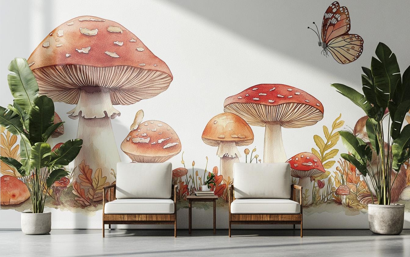 Whimsical Woodland Rabbit Mushroom Floral Wallpaper – room setting, Golden Era Walls