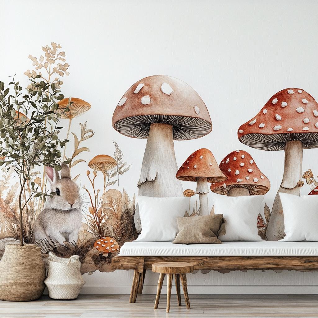 Whimsical Woodland Rabbit Mushroom Floral Wallpaper – peel and stick wallpaper mural, Golden Era Walls