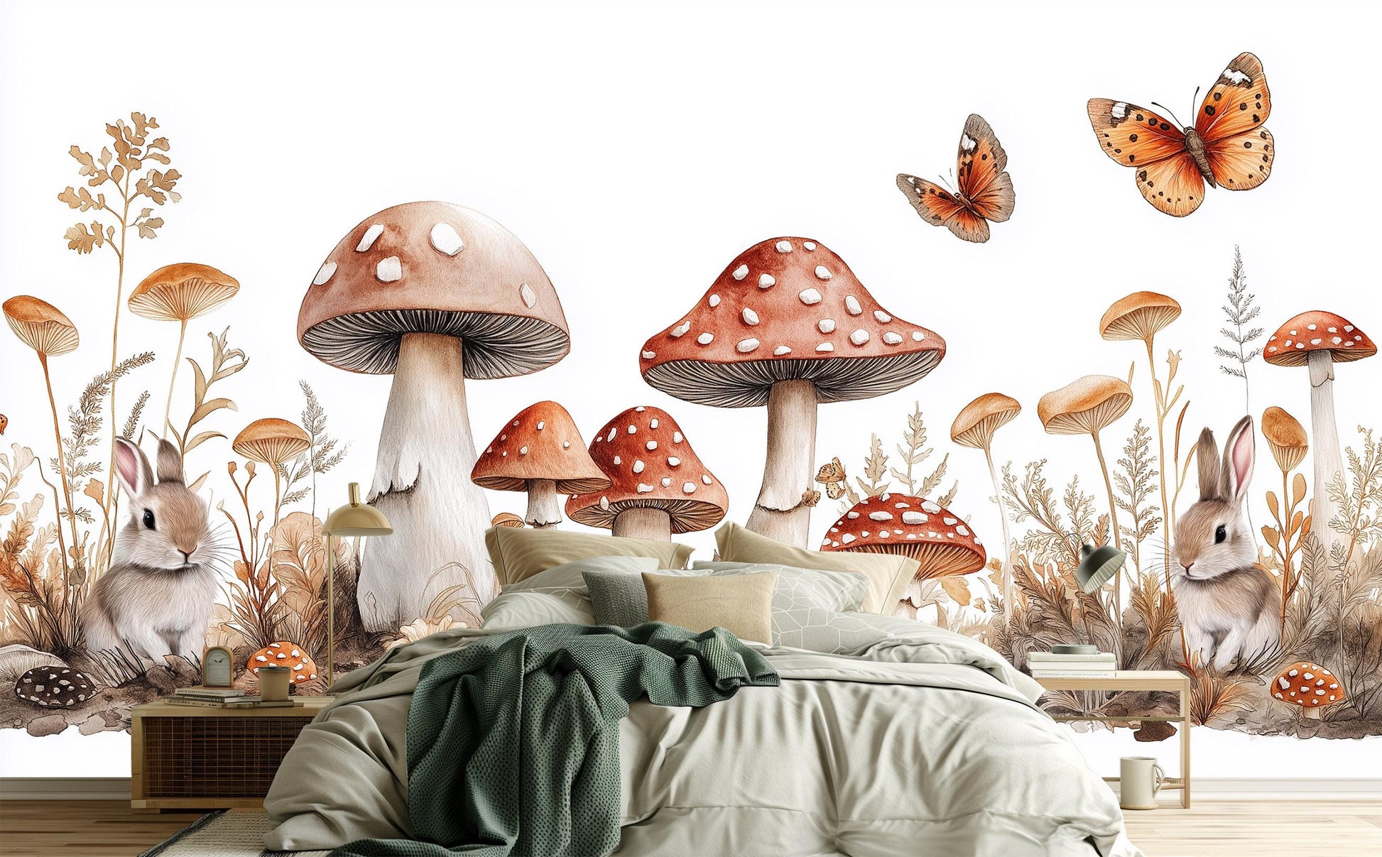 Whimsical Woodland Rabbit Mushroom Floral Wallpaper – scale reference, Golden Era Walls