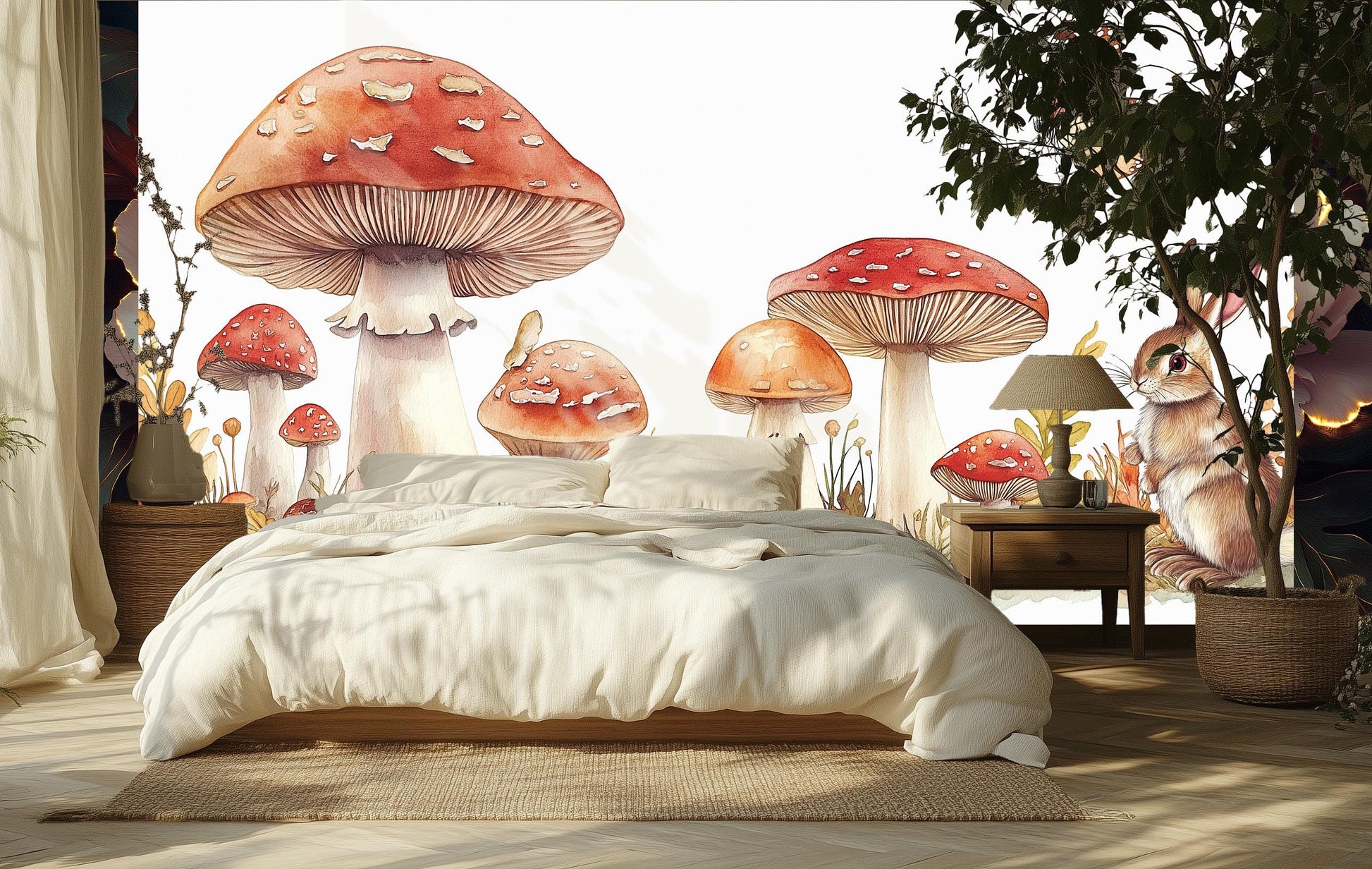 Whimsical Woodland Rabbit Mushroom Floral Wallpaper – lifestyle view, Golden Era Walls