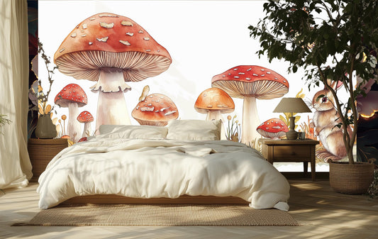 Whimsical Woodland Rabbit Mushroom Floral Wallpaper – lifestyle view, Golden Era Walls