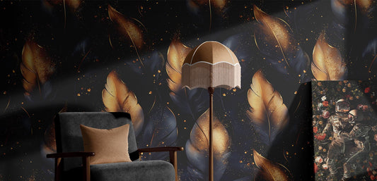 Black Gold Feather Renter Floral Wallpaper Pattern – detail view, Golden Era Walls