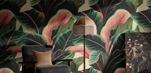 Bold Tropical Banana Leaf Floral Wallpaper Pattern – lifestyle view, Golden Era Walls