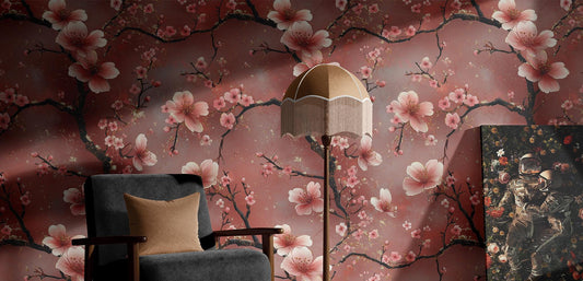 Cherry Blossom Renter Friendly Floral Wallpaper Pattern – room setting, Golden Era Walls