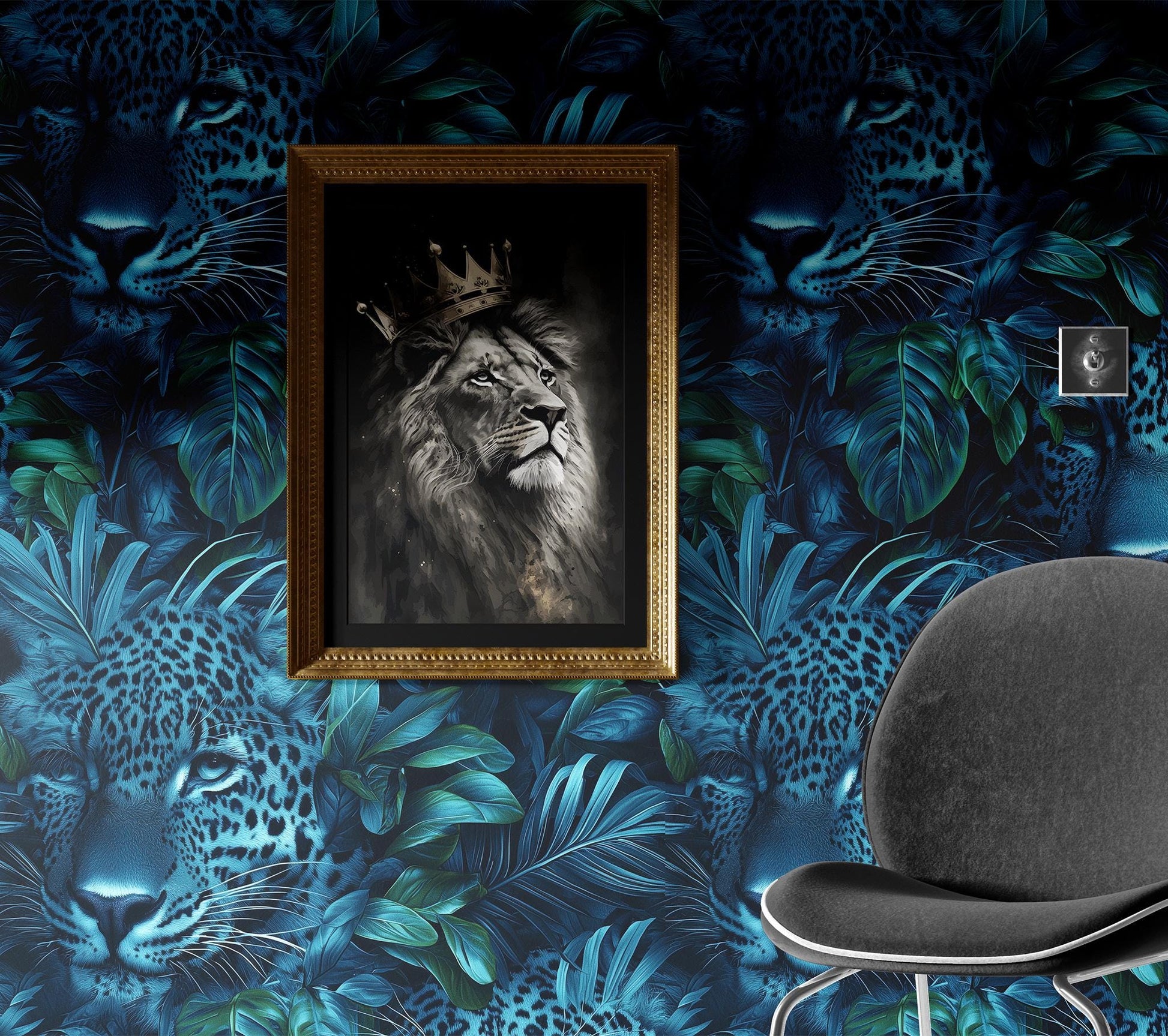 Dark Safari Animal Print Tropical Wallpaper Pattern – detail view, Golden Era Walls