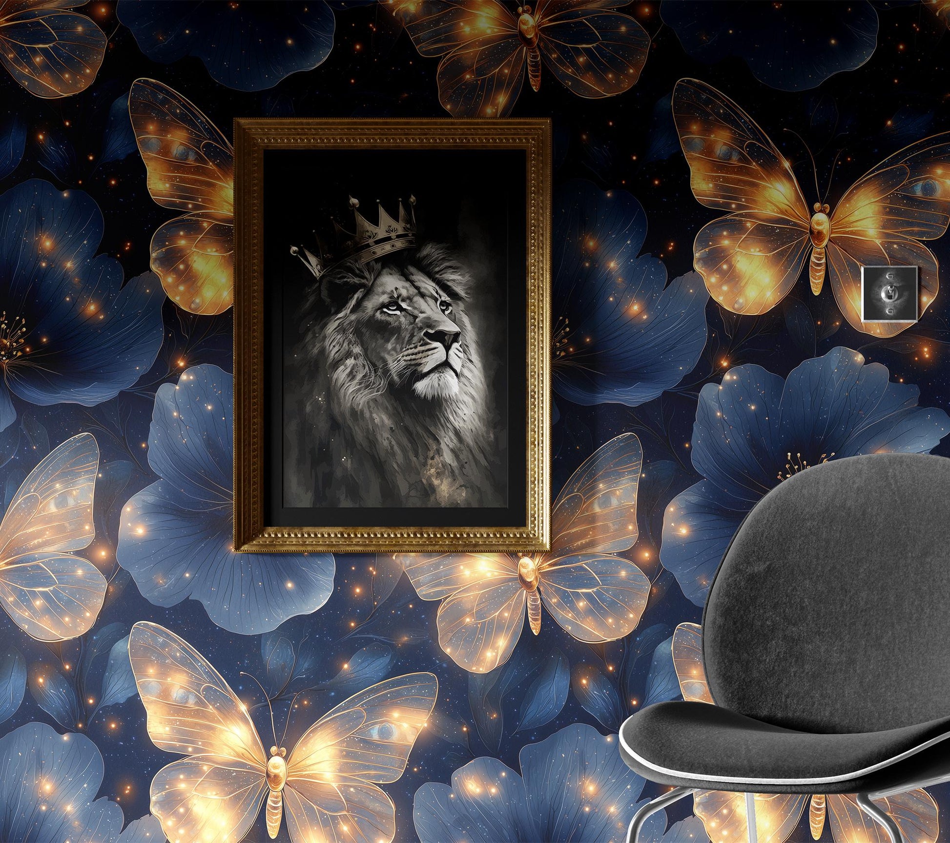 Dark Starry Floral Renter Floral Wallpaper Pattern – lifestyle view, Golden Era Walls