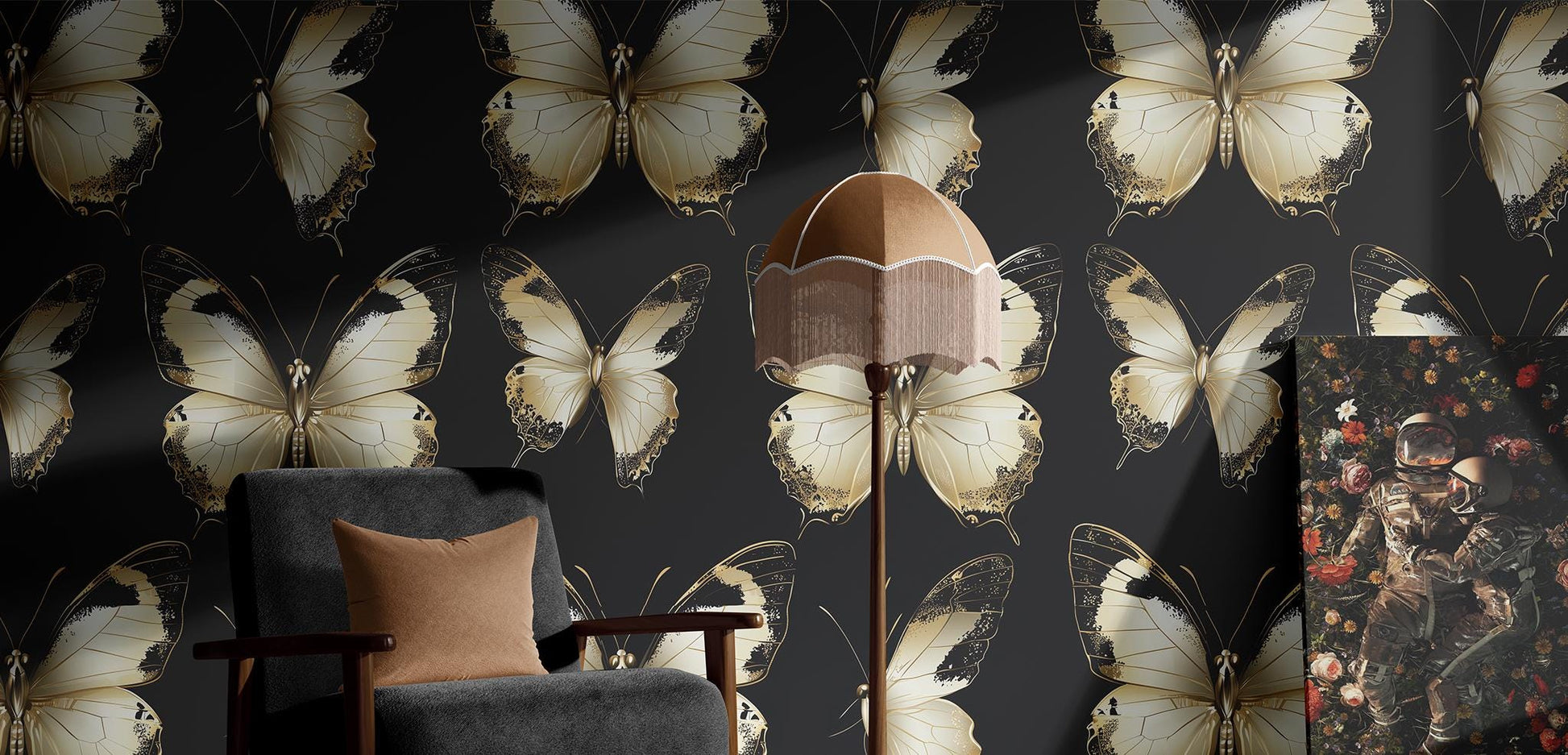 Elegant Ivory Butterfly Renter Floral Wallpaper Pattern – detail view, Golden Era Walls