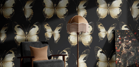 Elegant Ivory Butterfly Renter Floral Wallpaper Pattern – detail view, Golden Era Walls