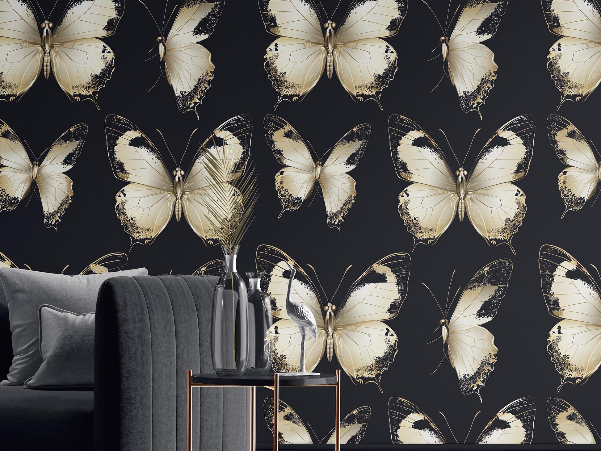 Elegant Ivory Butterfly Renter Floral Wallpaper Pattern – peel and stick wallpaper mural, Golden Era Walls
