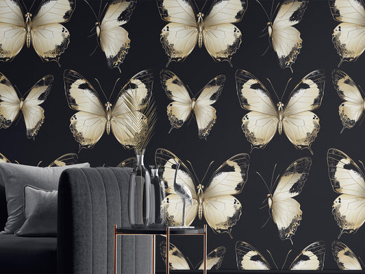 Elegant Ivory Butterfly Renter Floral Wallpaper Pattern – peel and stick wallpaper mural, Golden Era Walls