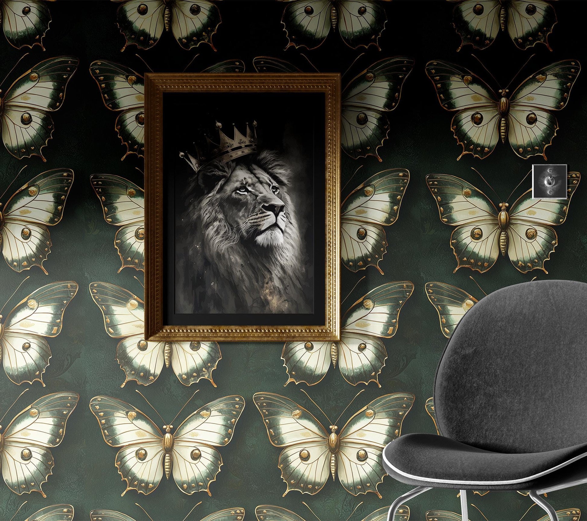 Emerald Green Butterfly Renter Floral Wallpaper Pattern – room setting, Golden Era Walls