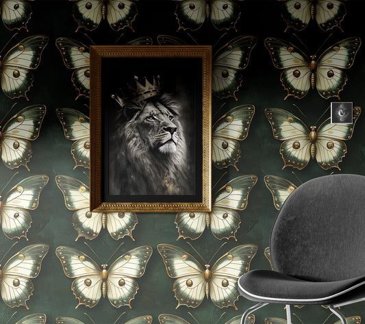 Emerald Green Butterfly Renter Floral Wallpaper Pattern – room setting, Golden Era Walls