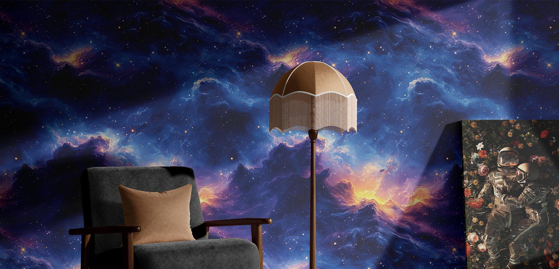 Galaxy Renter Friendly Celestial Wallpaper Pattern – lifestyle view, Golden Era Walls